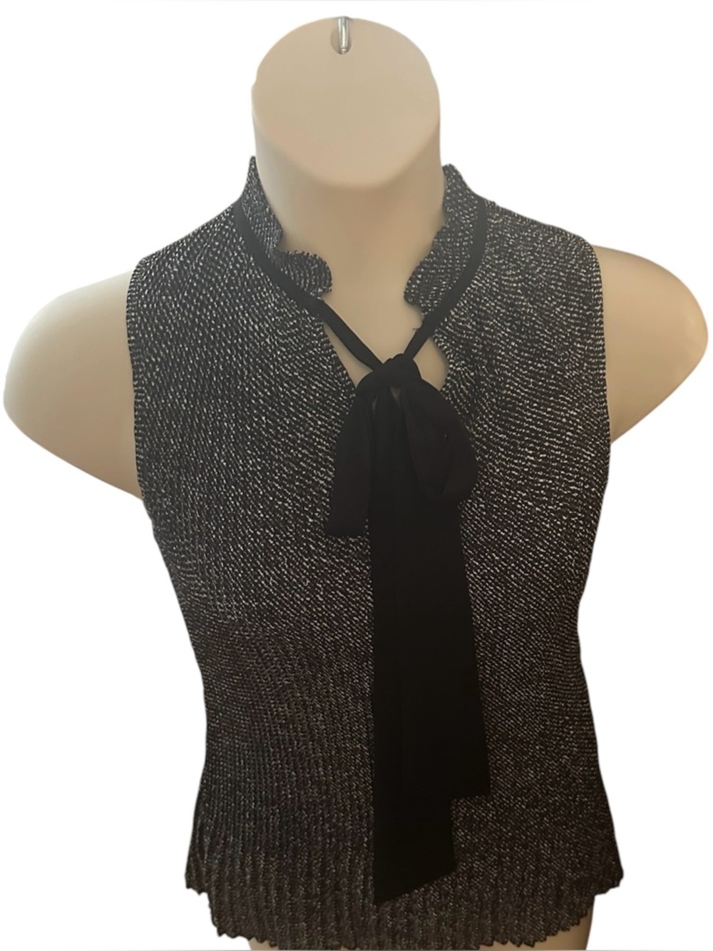 Dkny Black Metallic Knit Tie-Neck Sleeveless Top